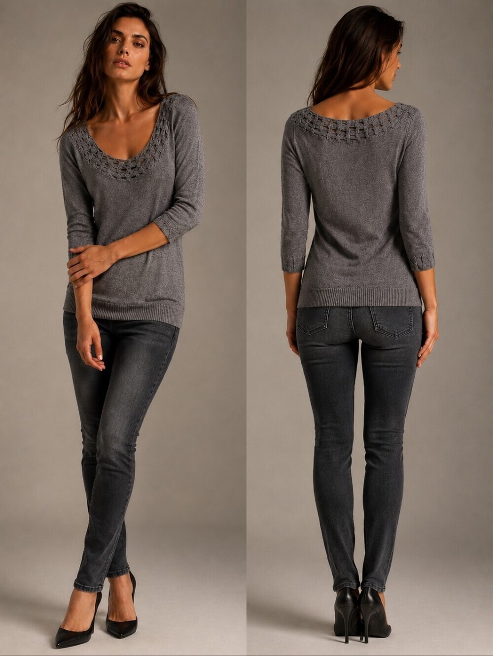 ❤️ NWT! BCBGMAXAZRIA CASHMERE BLEND CROCHET TRIM TUNIC SWEATER, GRAY, LARGE